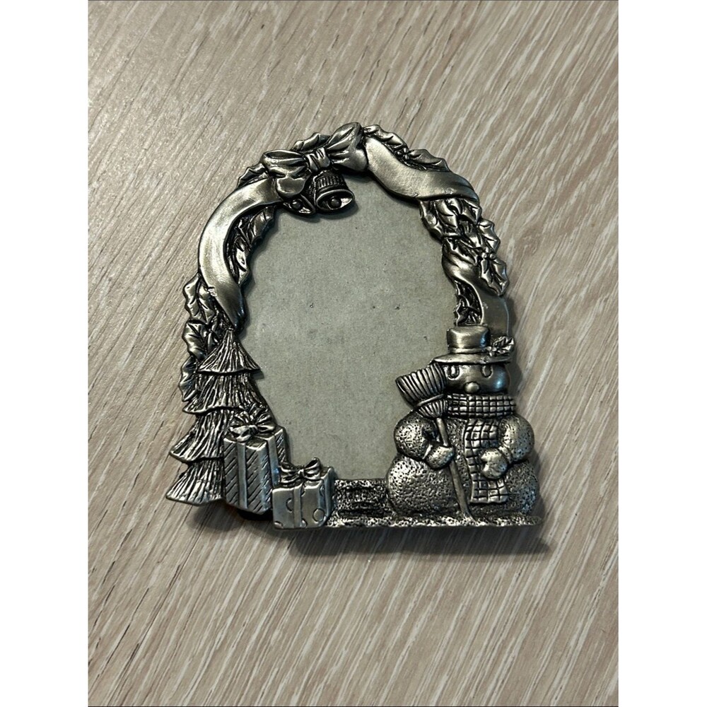 Pewter Christmas Bells, Bow, Snowman, and Presents Holiday Picture Frame 2x3in